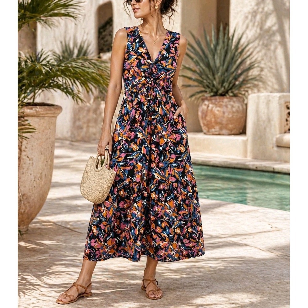 French Connection Summer Maxi Dress XS Floral Twist Front Sleeveless NWT